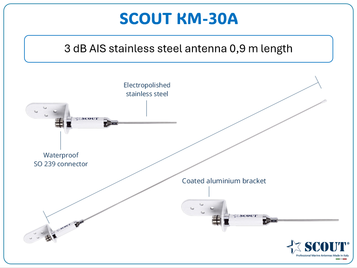 SCOUT KM-30A - AIS antenna for sailing yachts - Stainless steel version 0.9m