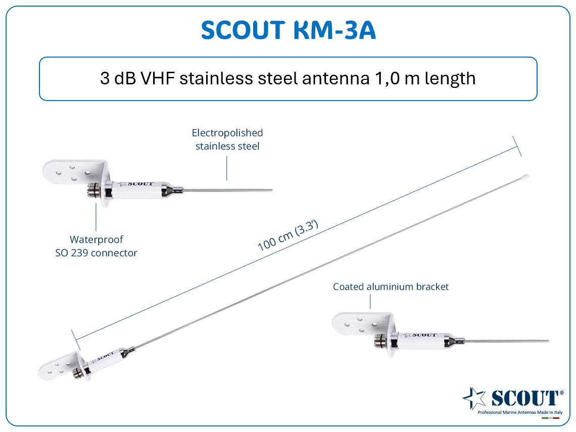SCOUT KM-3A - VHF antenna for sailing yachts - Stainless steel version 1.0m